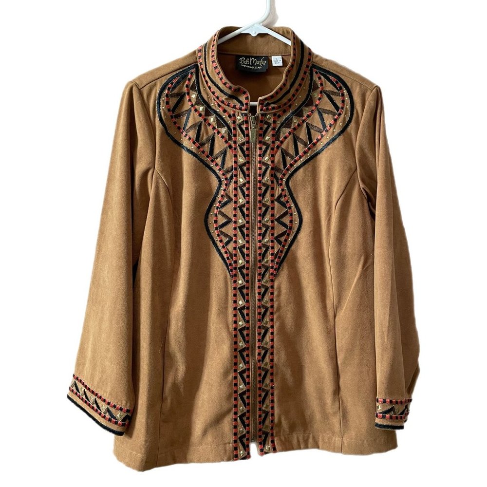 Bob Mackie Wearable Art Brown Women’s Size Large Tribal Embroidered Zip Jacket
